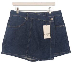 ZARA, NWT Denim Skort, Size Large, Asymmetrical Front Closure, Dark Wash, Cotton